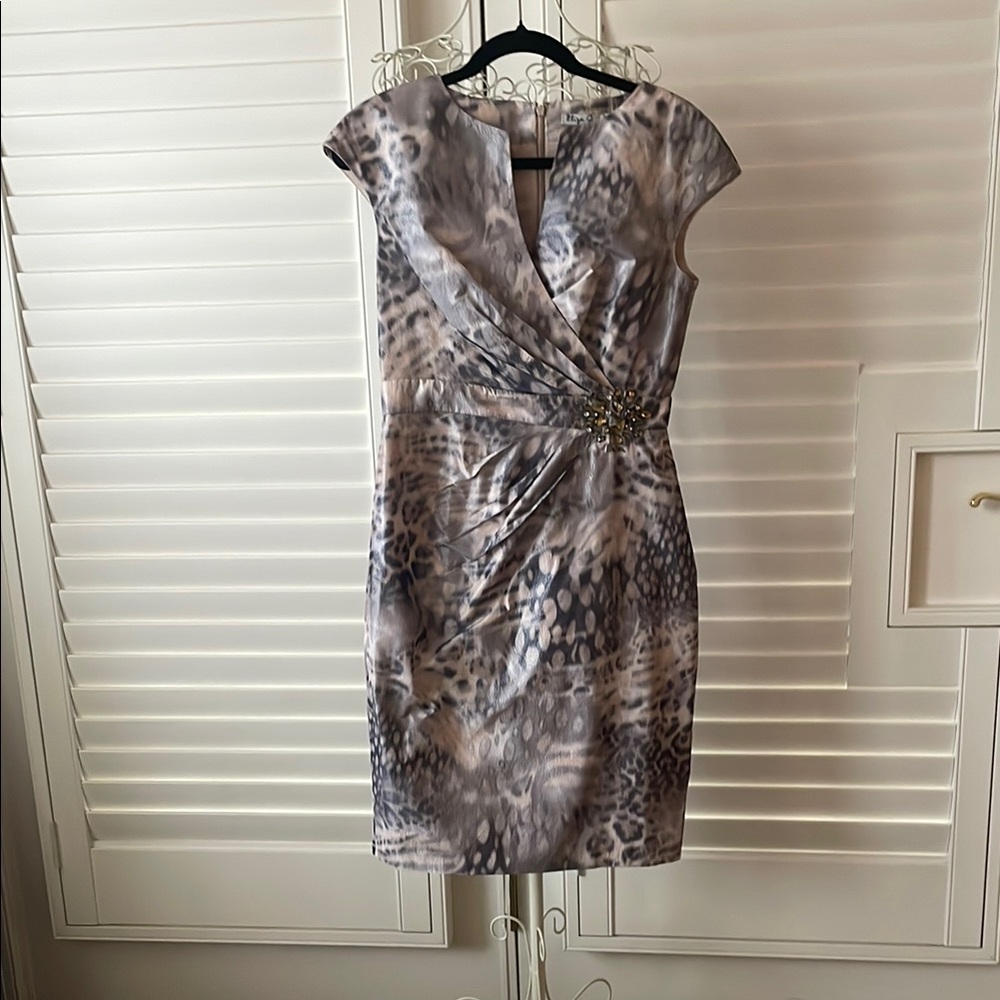 Elegant Gray Leopard Print Special Occasion Dress by Eliza J